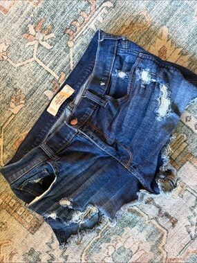 Women's Distressed Dark Blue Denim Shorts - Hollister